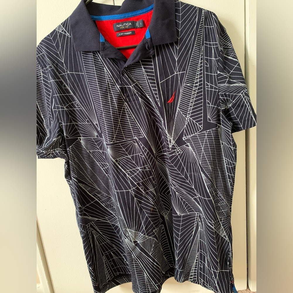 Brand: Nautica Size: Large Trim fit Color: Blue with white geometric web pattern